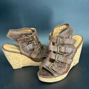 Not Rated Corky Sandal Platform Women 7.5 Wedge Strapy Buckles Brown Faux Leathe